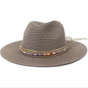 Panama beach sun hat fedora beaded band dark beige OS